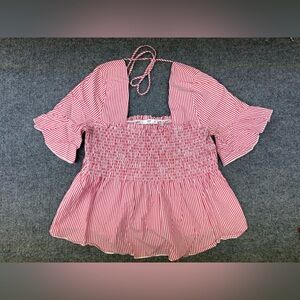 Mango MNG Red White Striped Smocked Tie Back Peplum Top Size 4